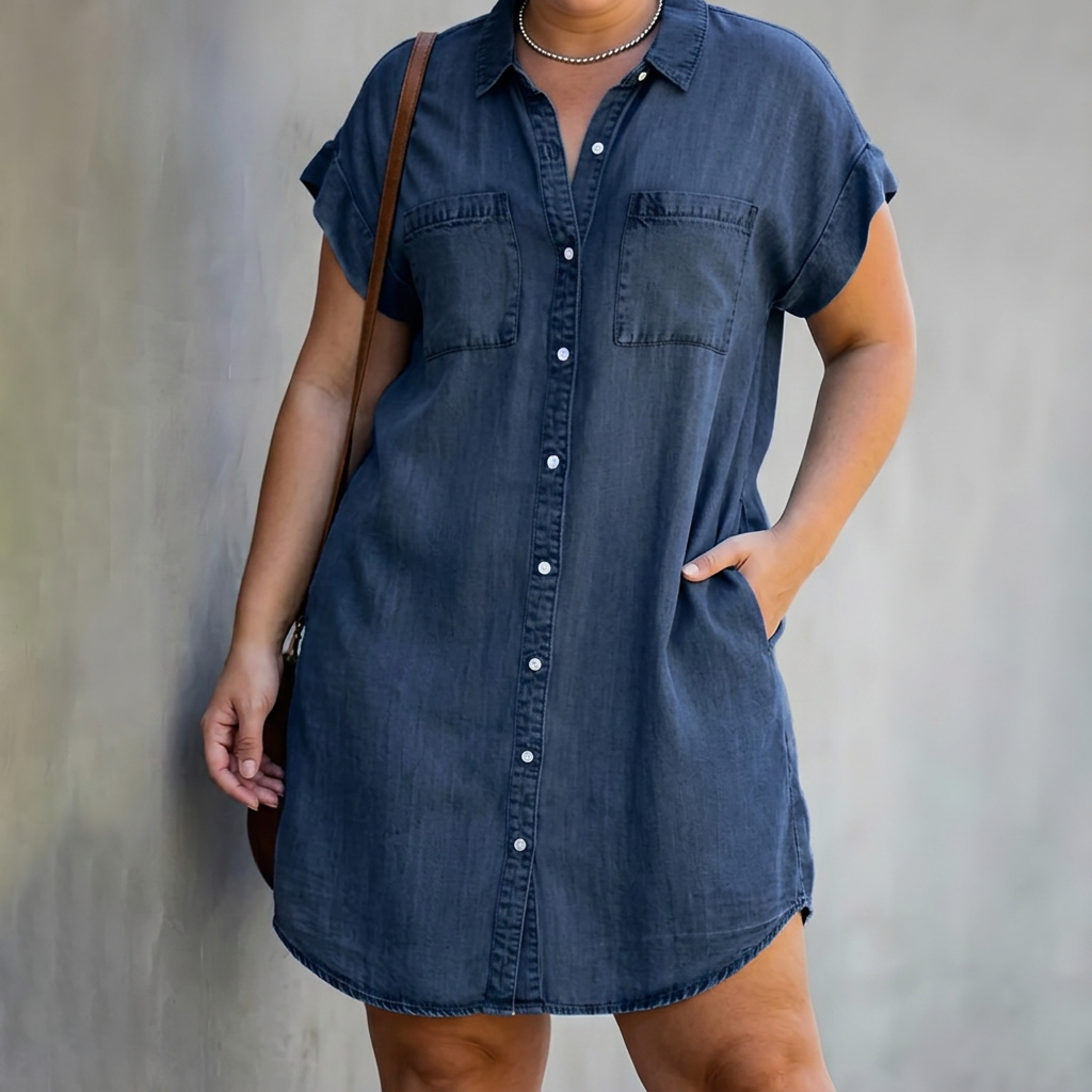 Lavinia | Naisellinen Denim Lyhythihainen Napitettava Mekko