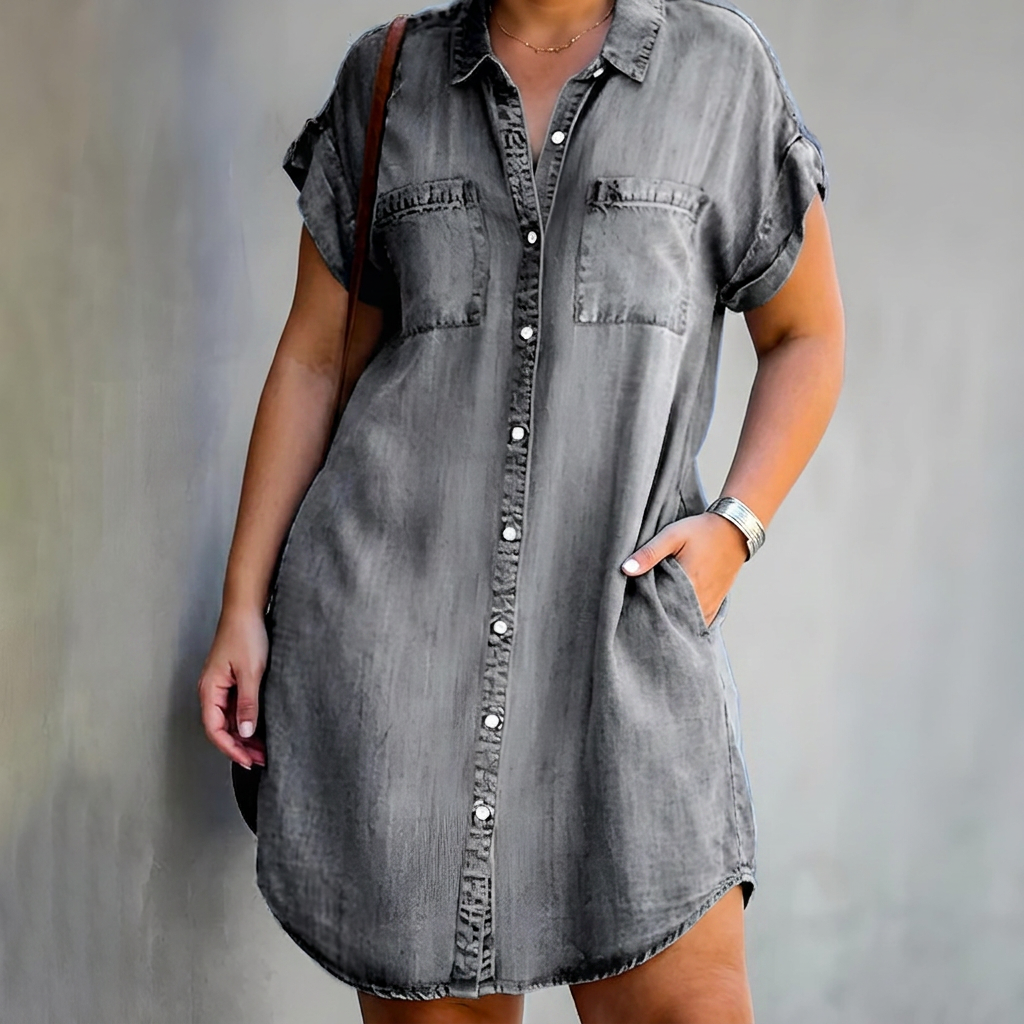Lavinia | Naisellinen Denim Lyhythihainen Napitettava Mekko