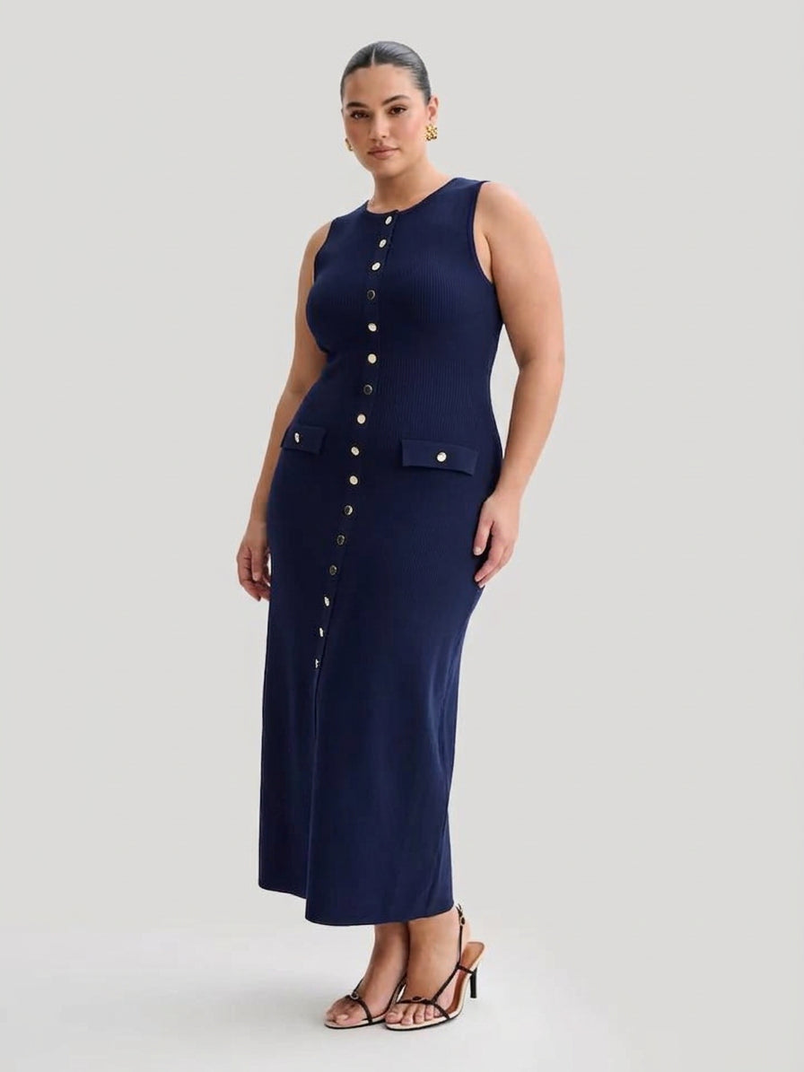 Quinn – Tyylikäs Hihaton Napillinen Bodycon Neule Maxi Mekko