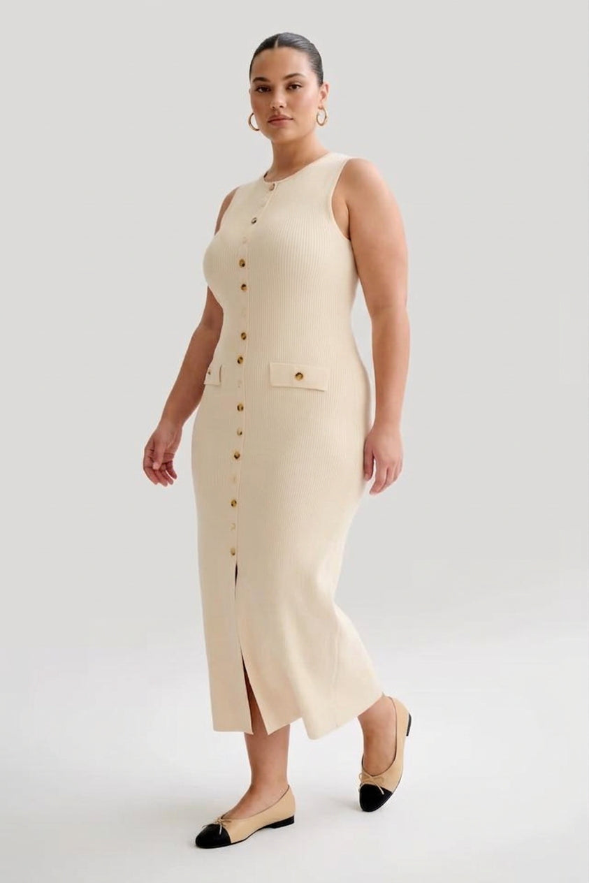 Quinn – Tyylikäs Hihaton Napillinen Bodycon Neule Maxi Mekko