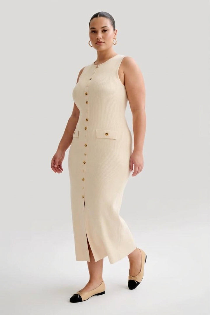 Quinn – Tyylikäs Hihaton Napillinen Bodycon Neule Maxi Mekko