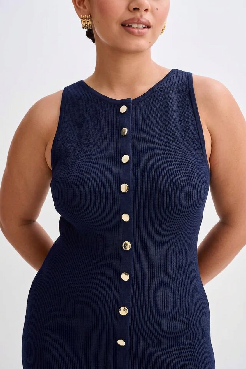 Quinn – Tyylikäs Hihaton Napillinen Bodycon Neule Maxi Mekko