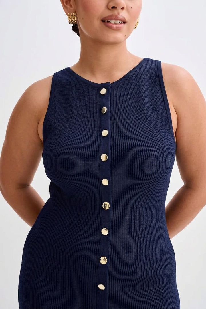 Quinn – Tyylikäs Hihaton Napillinen Bodycon Neule Maxi Mekko