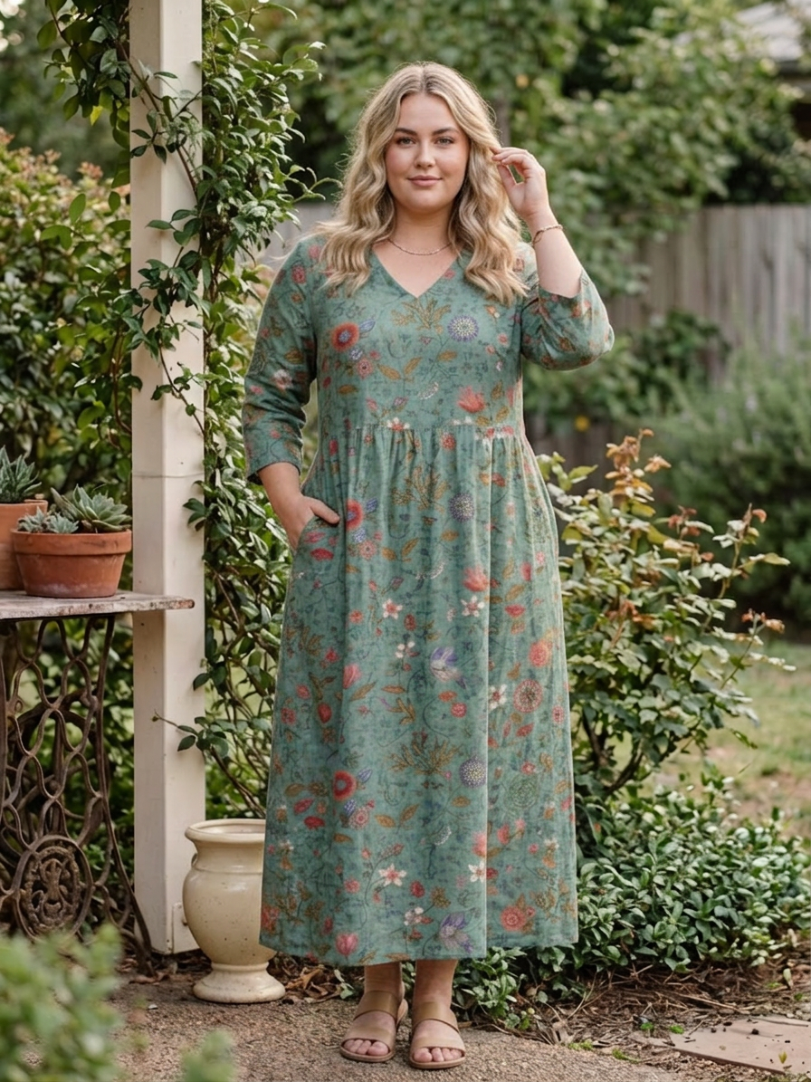 Eira | Kukallinen V-pääntie Kolmen Neljänneksen Hihainen Maxi Mekko