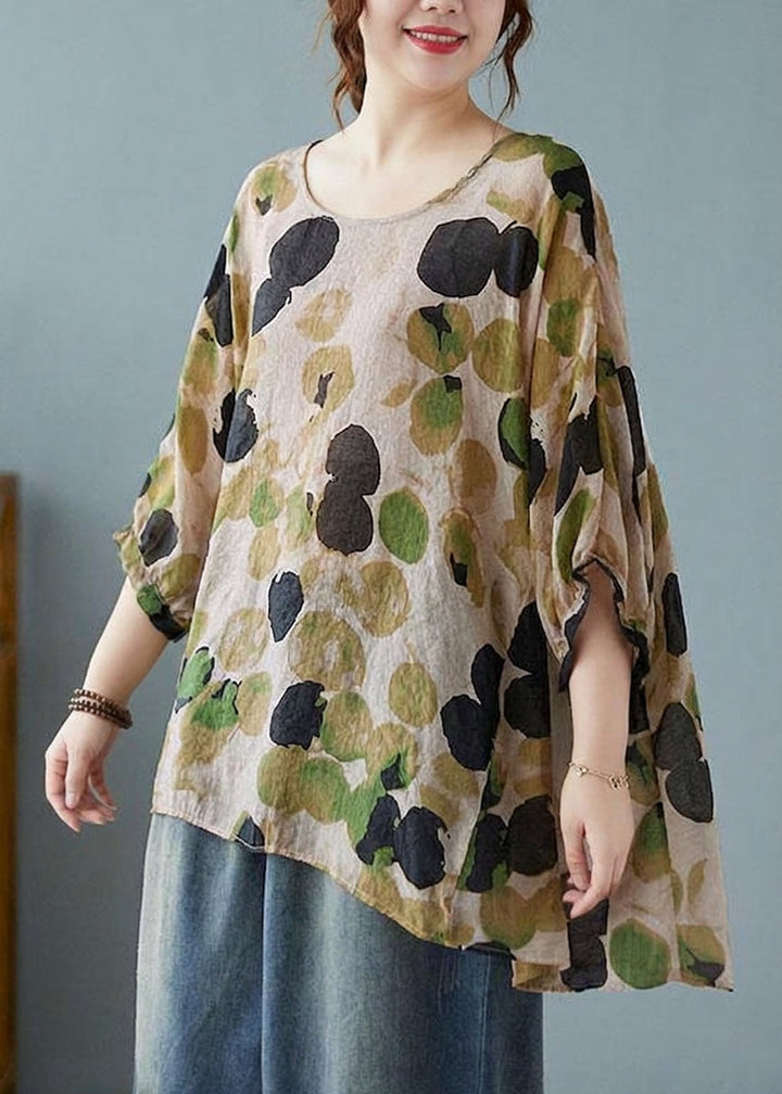 Linnea - Irtonainen Sininen Pilkullinen Batwing Hihainen Puuvilla Pellava T-paita