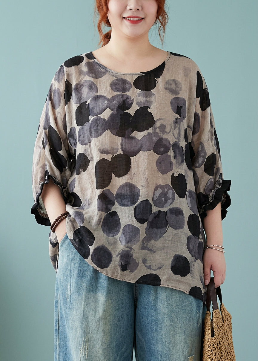 Linnea - Irtonainen Sininen Pilkullinen Batwing Hihainen Puuvilla Pellava T-paita