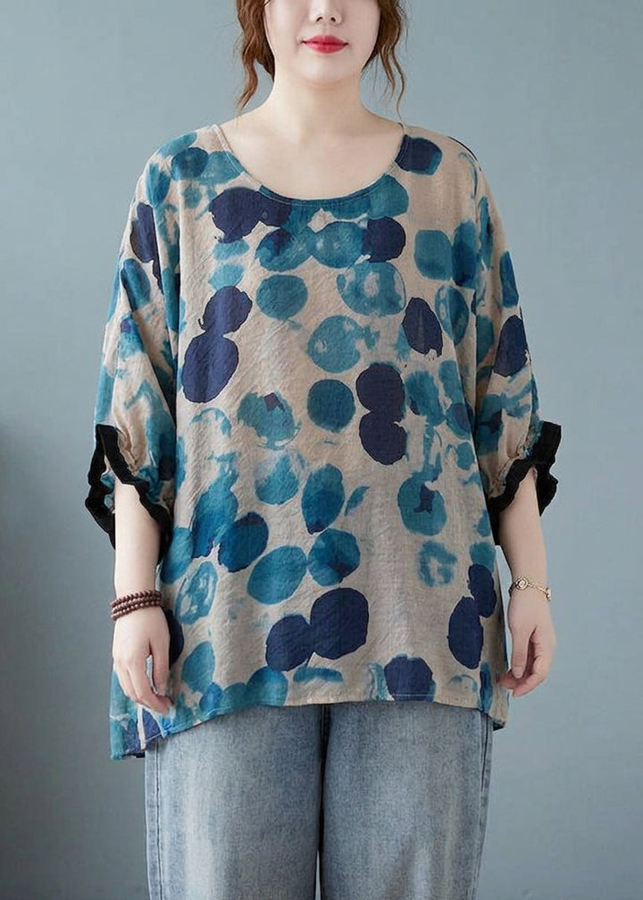 Linnea - Irtonainen Sininen Pilkullinen Batwing Hihainen Puuvilla Pellava T-paita