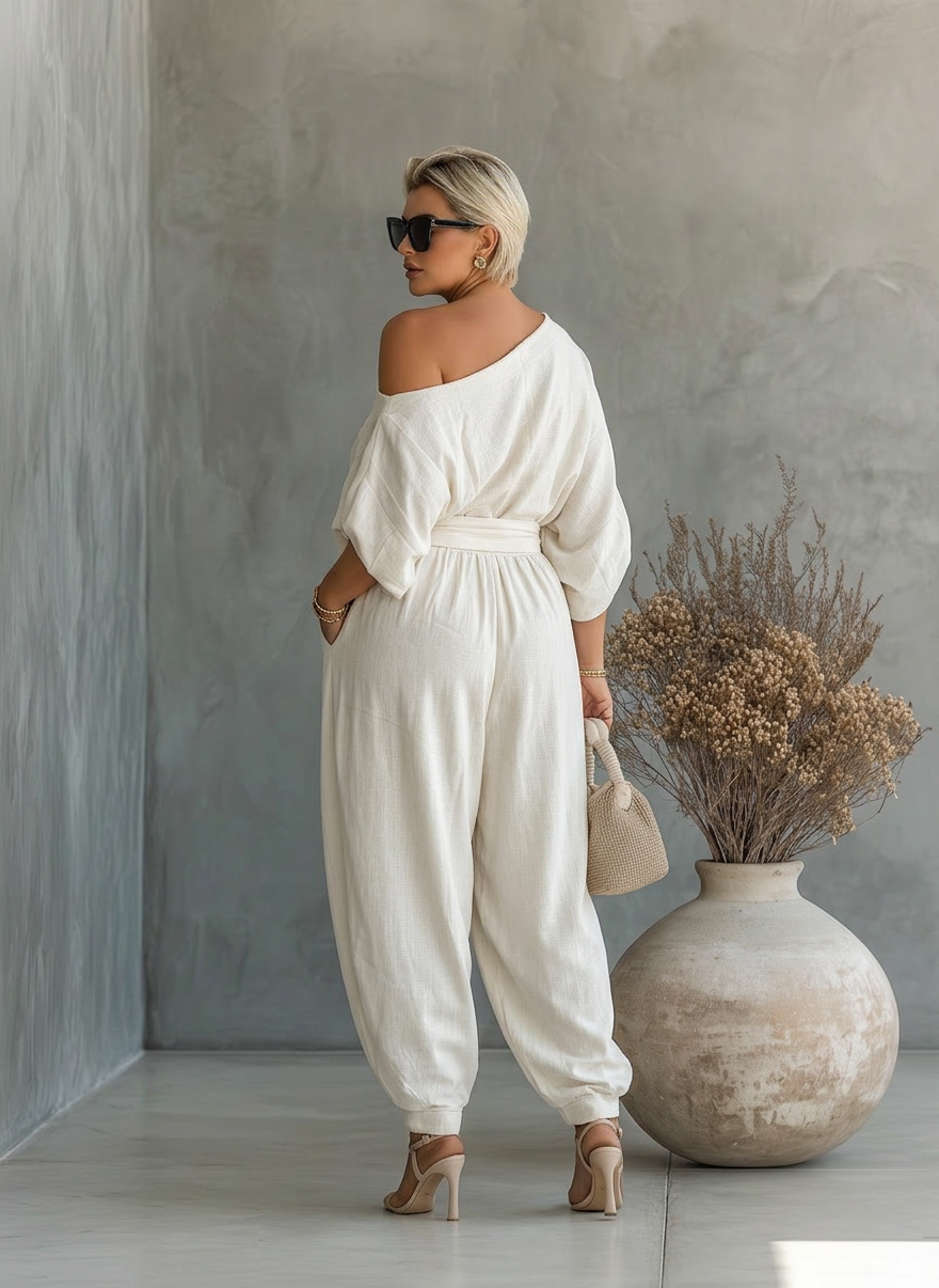 Naisten Off-White Setti Olkaimeton Paita ja Kapenevat Housut