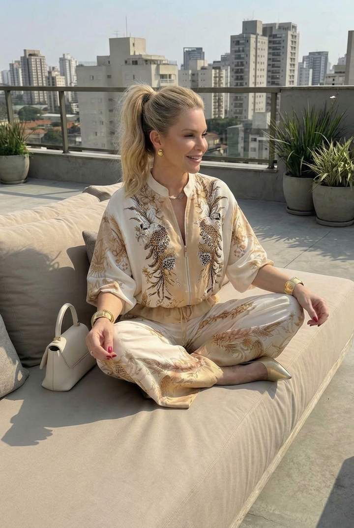 Mika | Vetoketjullinen Blouson-toppi, Printattu Kaksiosainen Setti