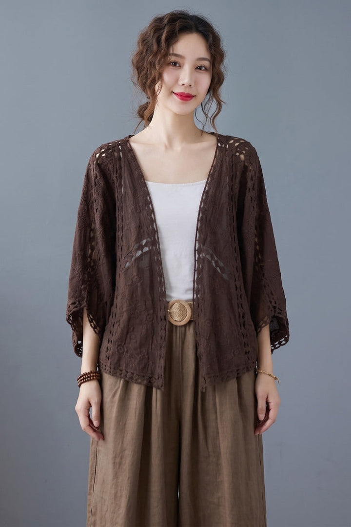 Niamh - Moderni Khaki Jacquard Hollow Out Puuvillaiset Lyhyet Neuletakit