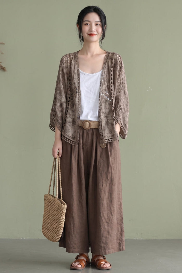 Niamh - Moderni Khaki Jacquard Hollow Out Puuvillaiset Lyhyet Neuletakit