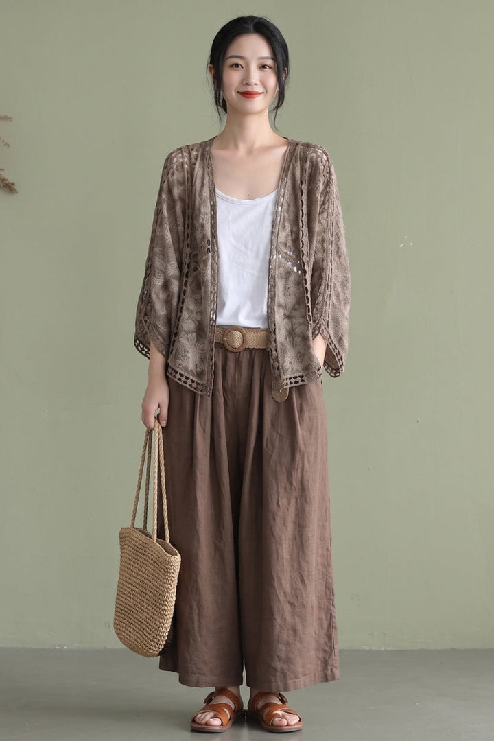 Niamh - Moderni Khaki Jacquard Hollow Out Puuvillaiset Lyhyet Neuletakit