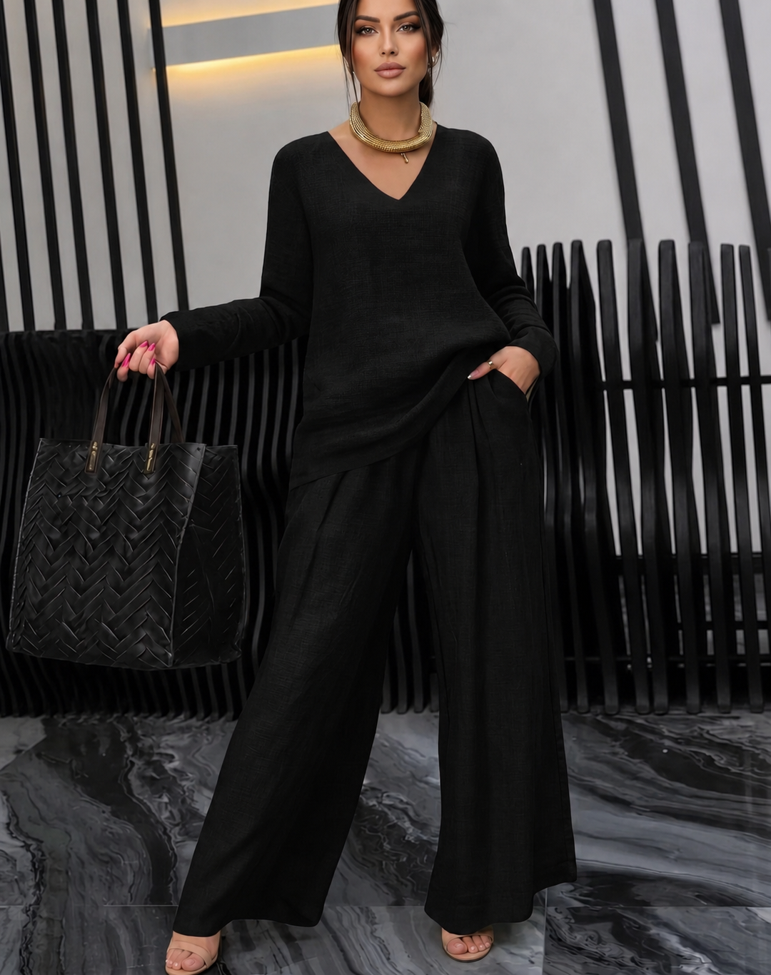 Pia - Naisten Puuvillainen V-pääntie Co-Ord Setti