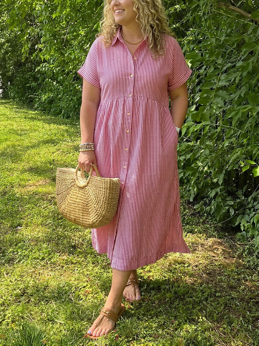 Sylvie | Naisten pellavasta valmistettu raidallinen napillinen lyhythihainen midimekko