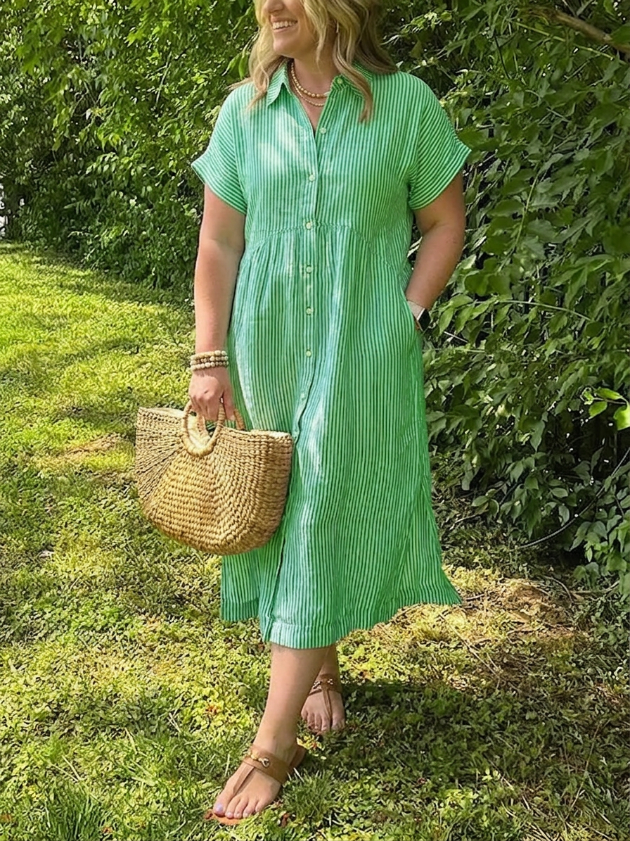 Sylvie | Naisten pellavasta valmistettu raidallinen napillinen lyhythihainen midimekko