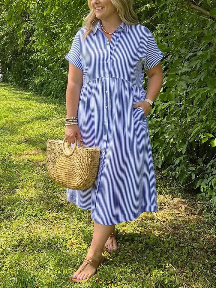 Sylvie | Naisten pellavasta valmistettu raidallinen napillinen lyhythihainen midimekko