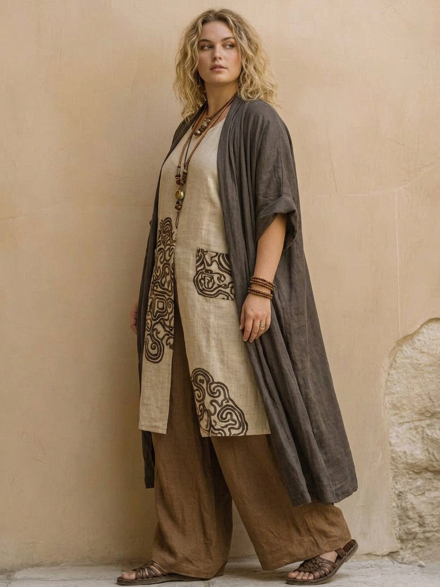 Alessia | Tummanharmaa &amp; Ruskea Tribal Print Kolmiosainen Setti