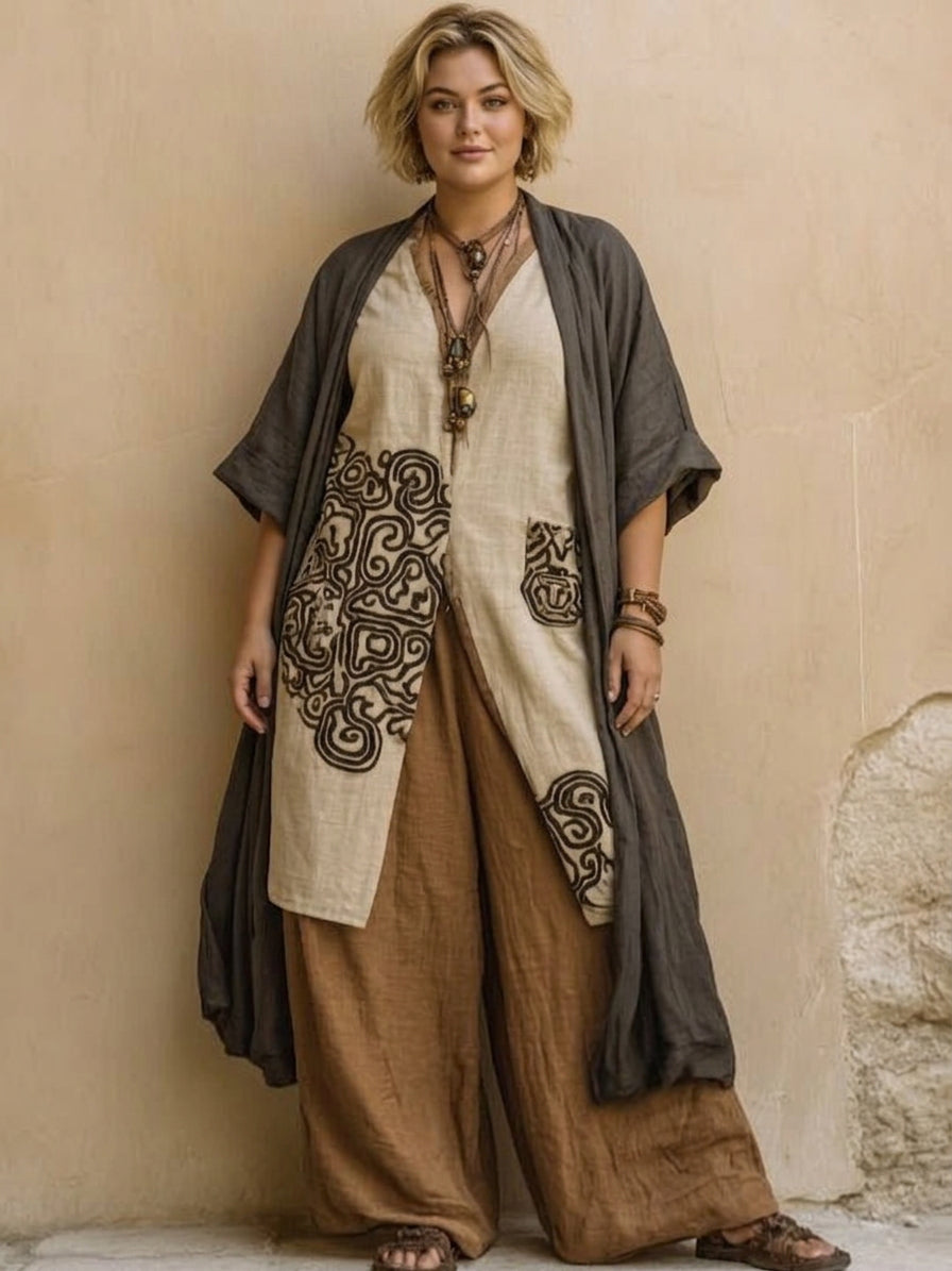 Alessia | Tummanharmaa &amp; Ruskea Tribal Print Kolmiosainen Setti
