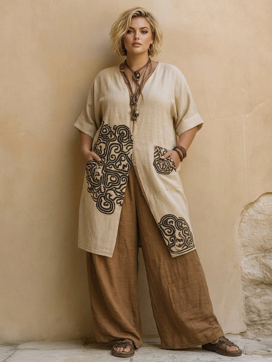 Alessia | Tummanharmaa &amp; Ruskea Tribal Print Kolmiosainen Setti