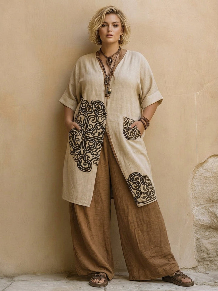 Alessia | Tummanharmaa &amp; Ruskea Tribal Print Kolmiosainen Setti