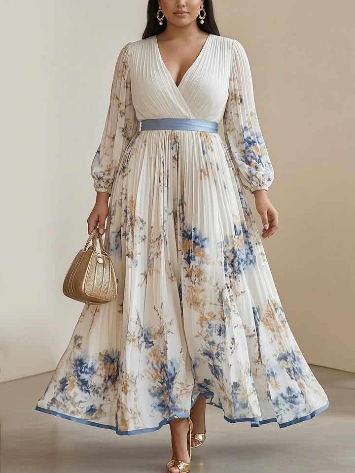 Kaia | Valkoinen Kukallinen Chiffon Pallohaalari Maxi Mekko