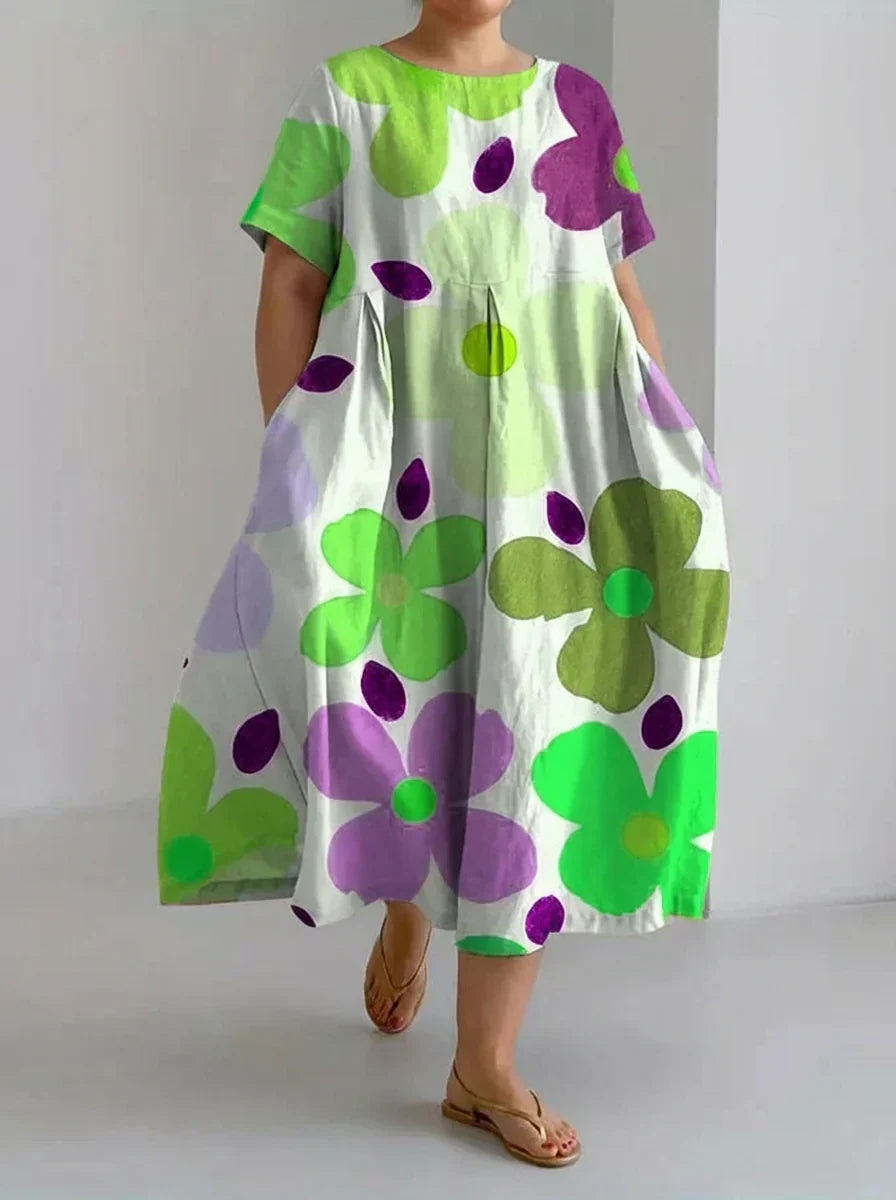Aveline | Retro Botaninen Kukkasuunnittelu Painettu Rentohenkinen Mekko