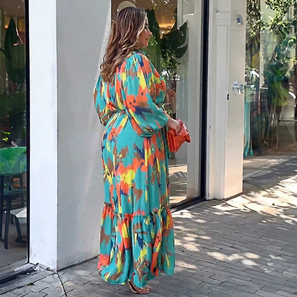 Jolie Printattu Kauluskotimaksimekko: Elegantti Vintage Virtaus