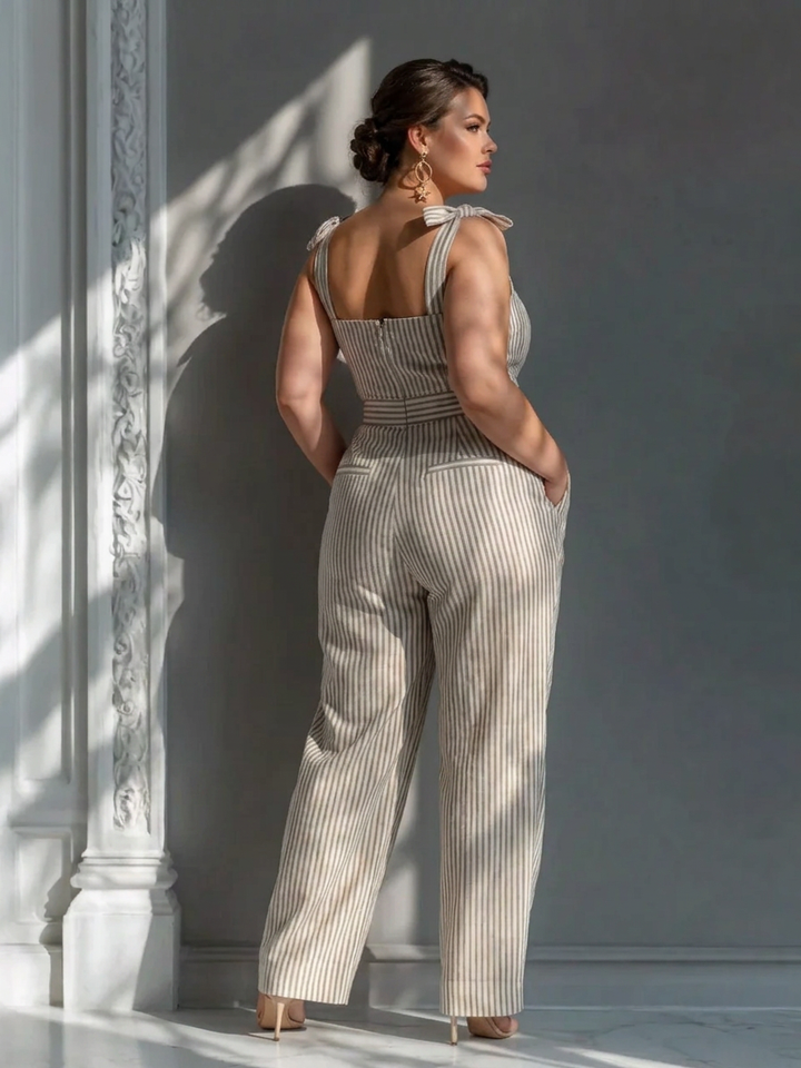 Gwendolyn - Beige Raidallinen Pellava-Seos Olkapäät Sitova Haalari