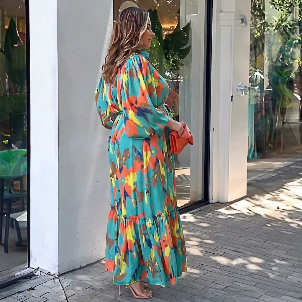 Jolie Printattu Kauluskotimaksimekko: Elegantti Vintage Virtaus