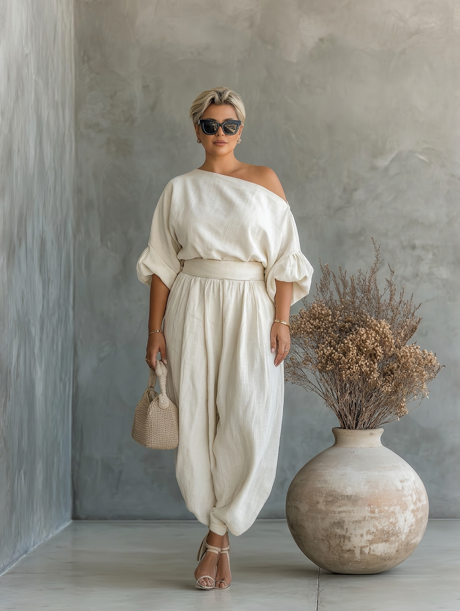 Naisten Off-White Setti Olkaimeton Paita ja Kapenevat Housut