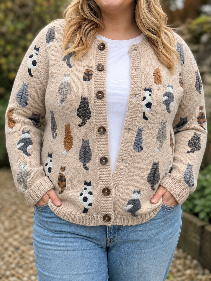 Women's Cat Print Cardigan with Button Front and Crew Neck