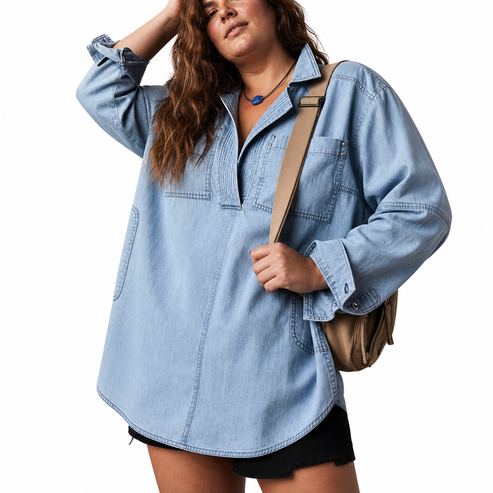 Emilia | Tyylikäs V-pääntie Denim Tunika