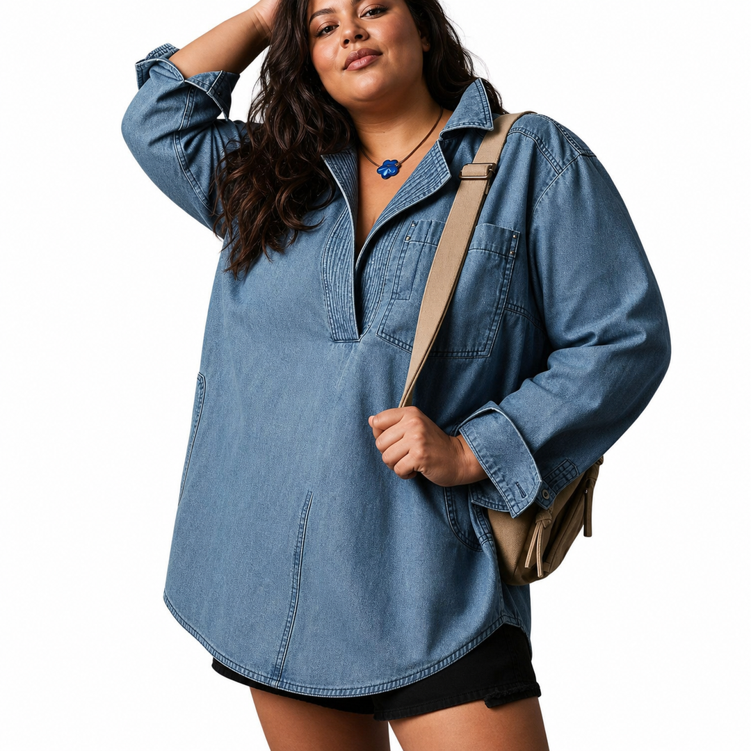 Emilia | Tyylikäs V-pääntie Denim Tunika