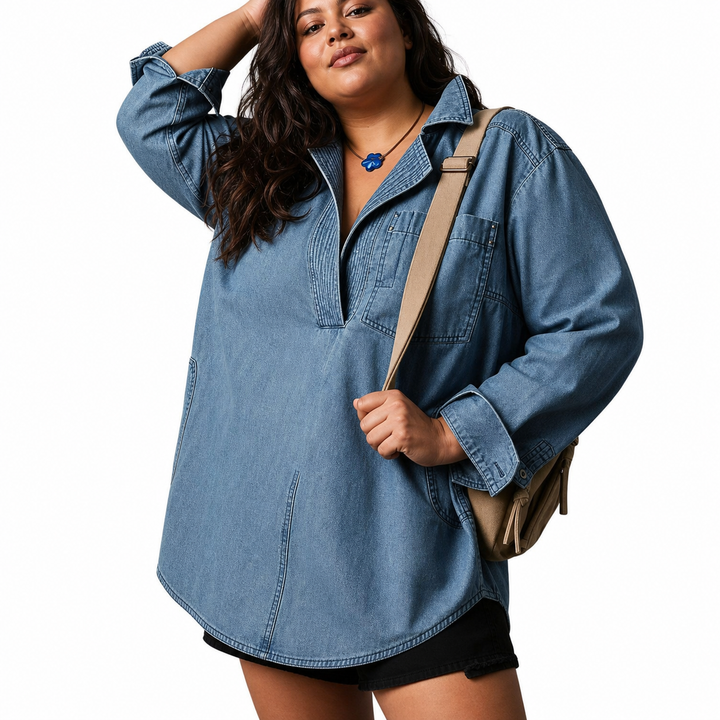 Emilia | Tyylikäs V-pääntie Denim Tunika