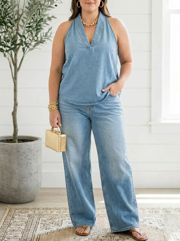 Junia | Vintage Pestyt Pehmeä Denim-Ilme Kaksiosainen Setti