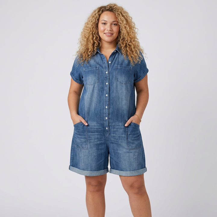 Katya | Vintage Lyhyet Puuvillaiset Denim-näköiset Haalarit