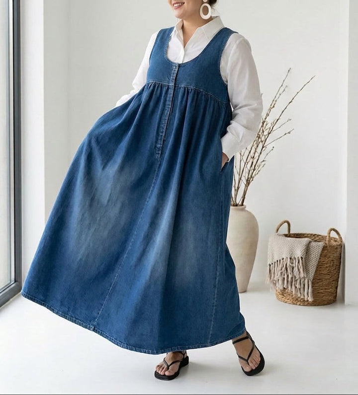Sasha | Vintage Pestyt Pehmeä Puuvillamainen Denim Maxi Mekko