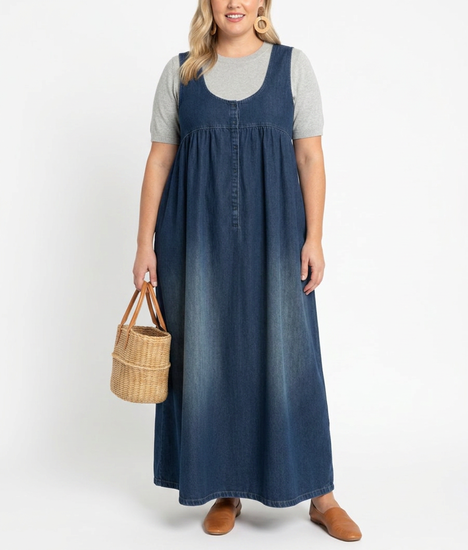 Sasha | Vintage Pestyt Pehmeä Puuvillamainen Denim Maxi Mekko
