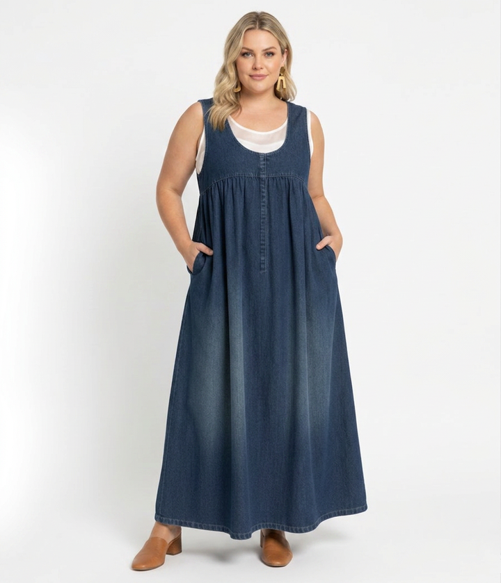 Sasha | Vintage Pestyt Pehmeä Puuvillamainen Denim Maxi Mekko