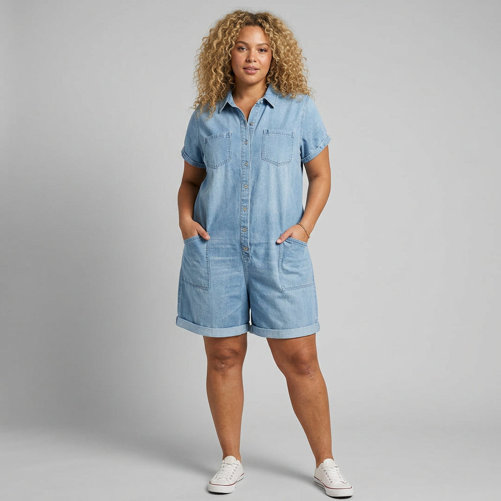 Katya | Vintage Lyhyet Puuvillaiset Denim-näköiset Haalarit