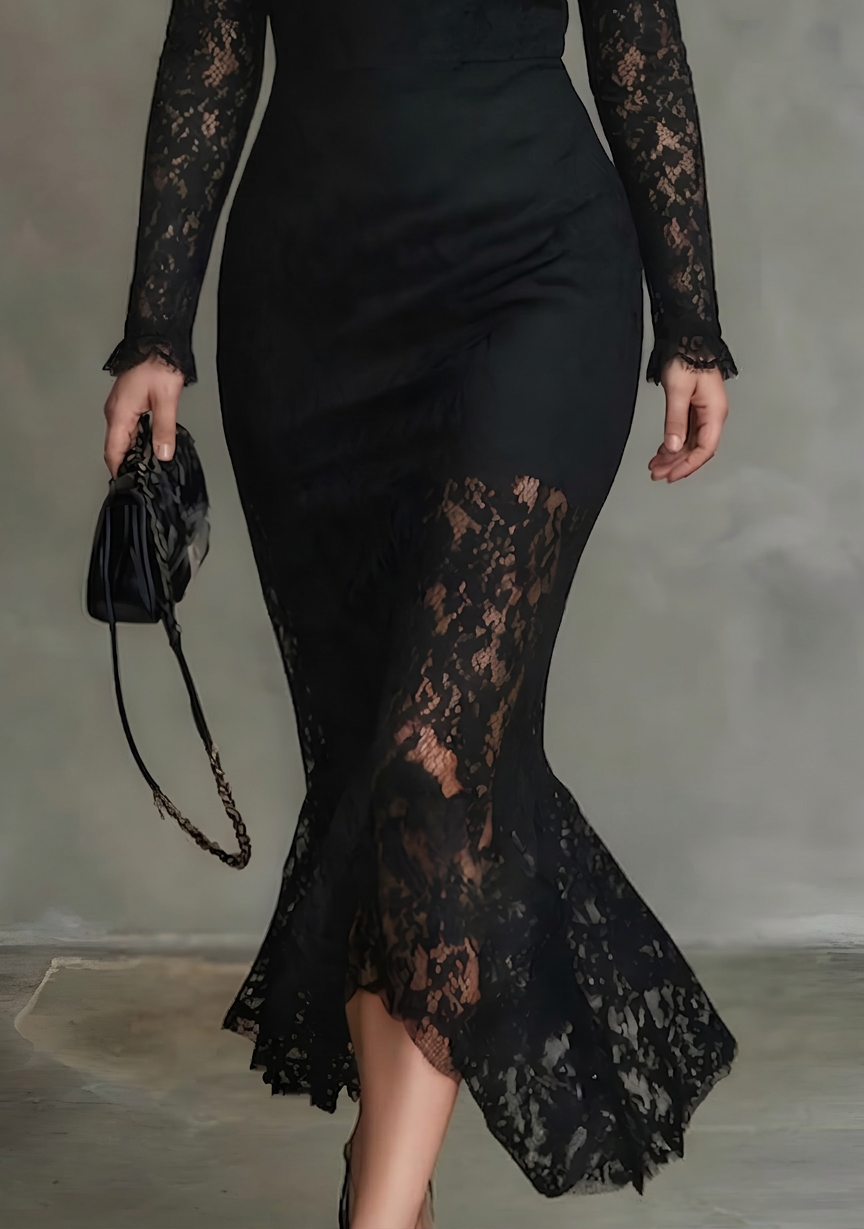 Elegantti Musta Venytettävä Pitkä Tanssipuku