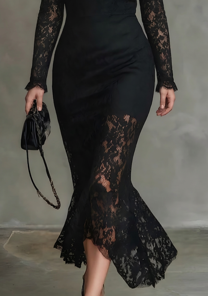 Elegantti Musta Venytettävä Pitkä Tanssipuku