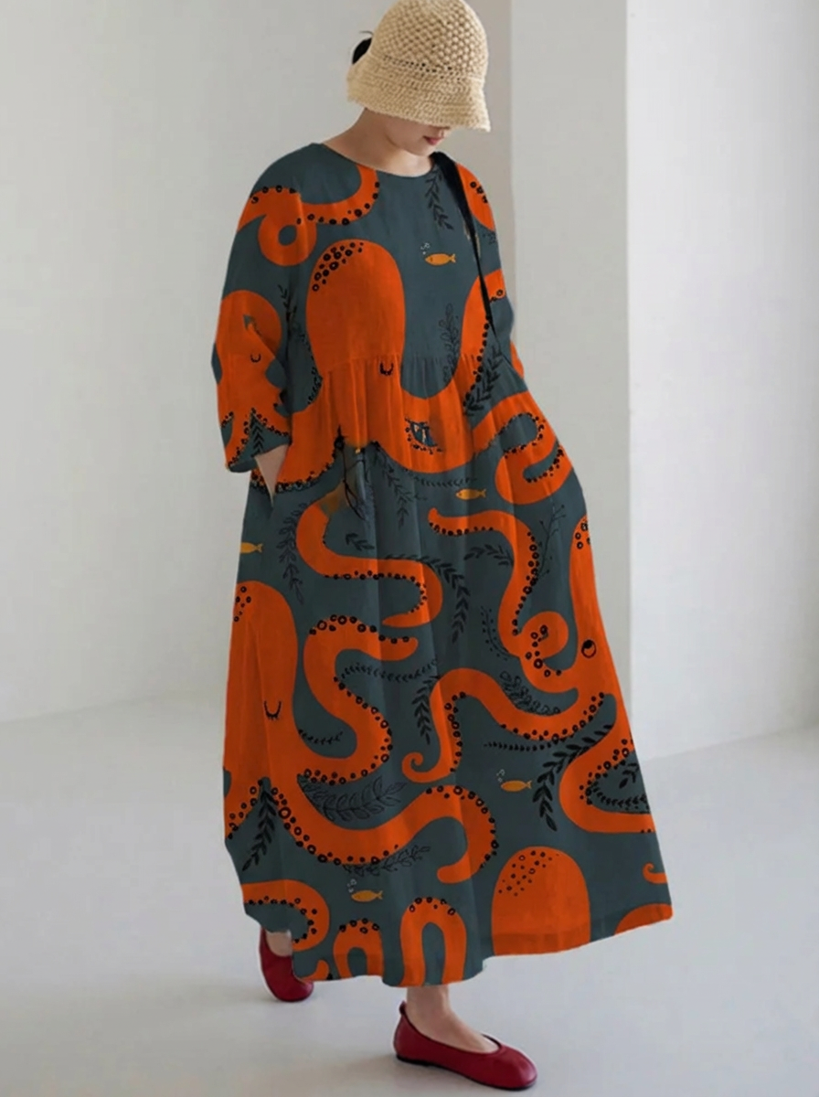 Beatrice | Taide Retro Lehdet Printti Löysä Pyöreä Kaula Keskipituinen Hame Mekko